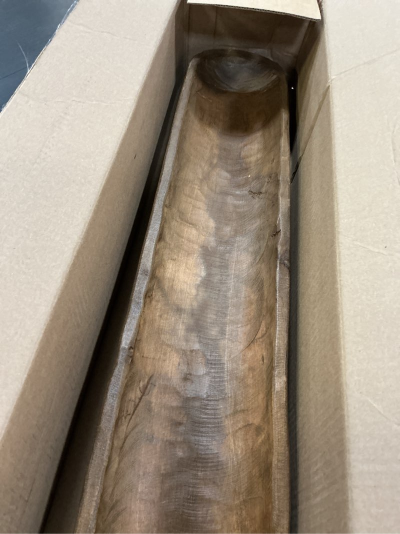 Condition photo showing Good Condition for mainevent decorative wooden dough bowl decor approx 30 inch, hand carved rustic wood long bowl, large carved dough bowl, long wooden bread shaped large bowl centerpiece made in usa 30 inch waxed / brown