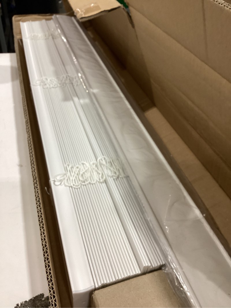 Condition photo showing Good Condition for lotus & windoware cordless faux wood blinds, 35" wide x 60" long, smooth, snow white, 2 inch horizontal blinds – for living room, bedroom, interior door windows