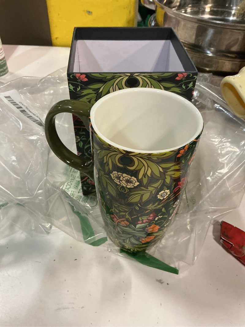 Condition photo showing New/Like New for Topadorn Ceramic Coffee Mug Travel Cup with Lid 17oz., Porcelain Tall Tea Cup with Handle for Home & Office, Leaf Art Pattern Mug with Gift Box, 6.5''H Green