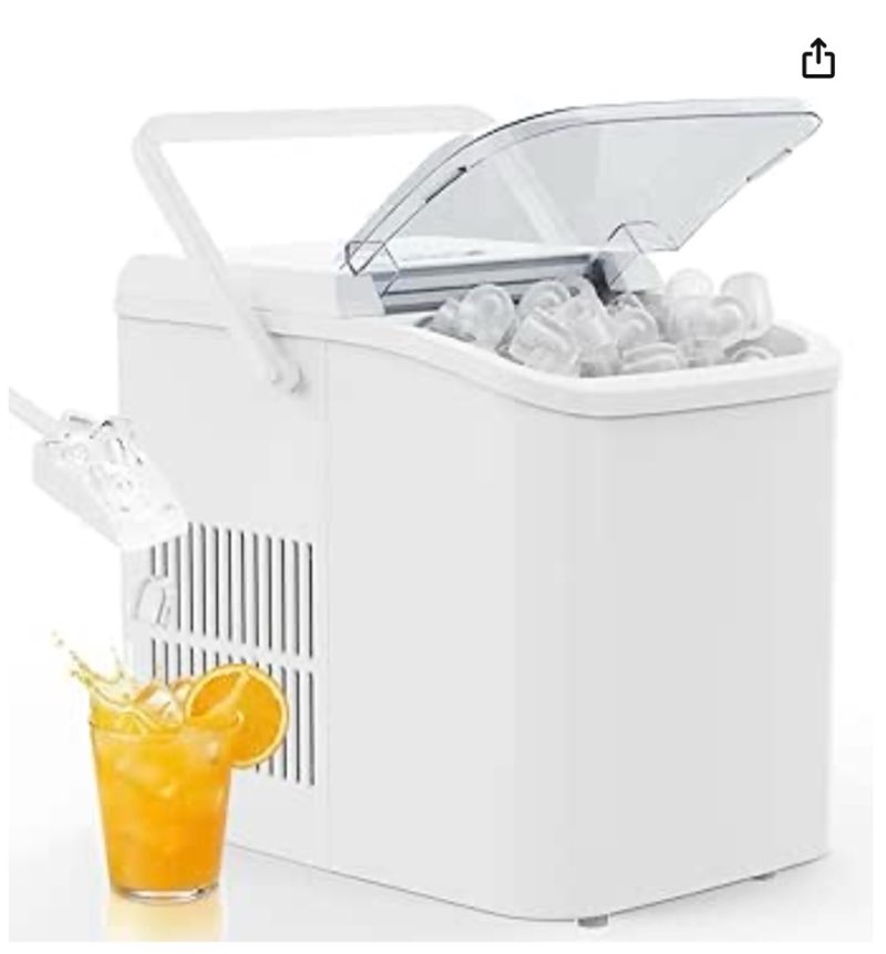 olixis countertop ice maker machine with handle, auto-cleaning portable ice maker with basket & scoop, 26lbs in 24hrs & 9 ice cubes in 6 mins, 2 ice cube sizes, for home party camping rv, white