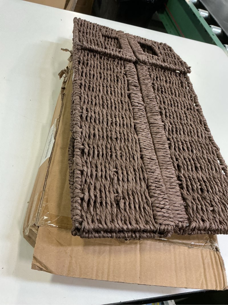 Condition photo showing Good Condition for Paper Rope Wicker Storage Baskets with Handles, 2 Pack Foldable Storage Basket, Rectangle Wicker Basket, Small Wicke Baskets for Pantry Shelves, Toilet Paper Storage Basket for Bathroom, Brown