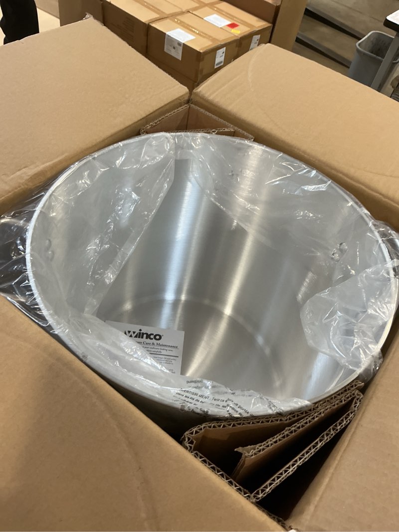 Condition photo showing Good Condition for winco 40 qt elemental, aluminum stock pot | heavy-gauge metal, tall sides, wide base even heat transfer, great for stocks, soups, pasta and batch cooking