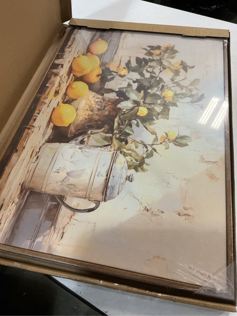 Condition photo showing Good Condition for XLARTMY Framed Vintage Kitchen Wall Art, Yellow Lemon Still Life Wall Art Oil Paintings, Rustic Farm