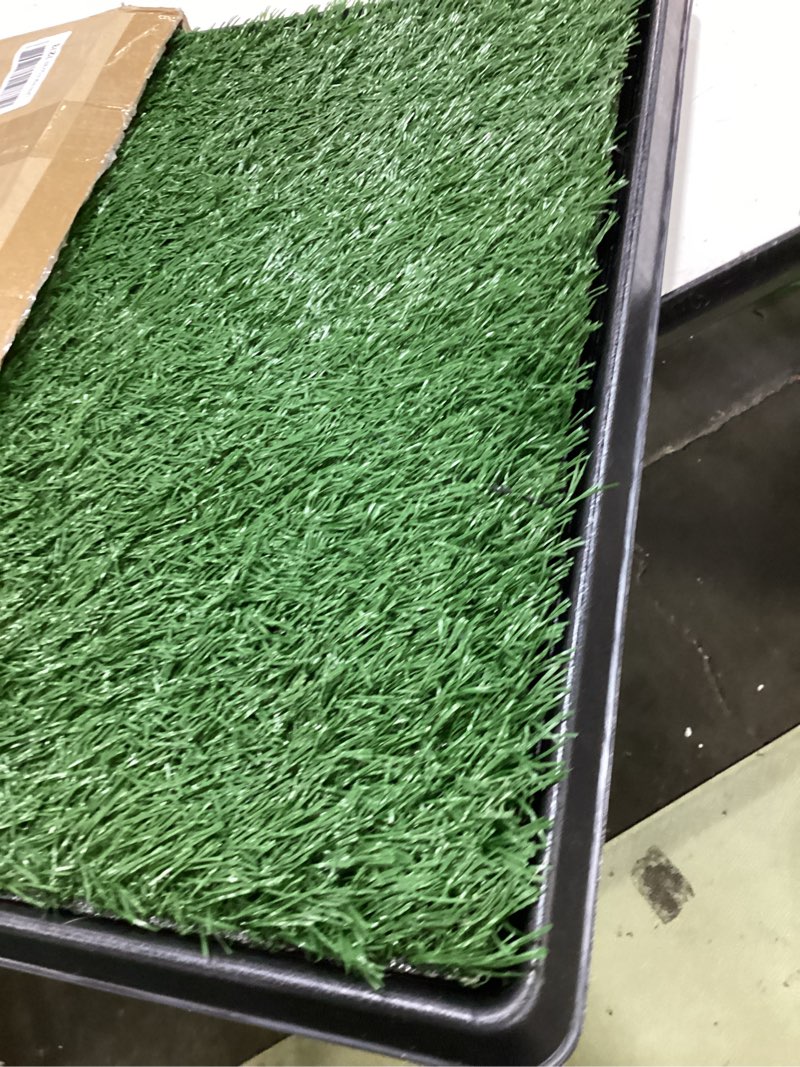 Condition photo showing As Is for artificial grass puppy pee pad for dogs and small pets - 20x25 inch, reusable 3-layer turf pads for dogs with tray - indoor and outdoor fake grass potty pet supplies by petmaker medium 3-layer system