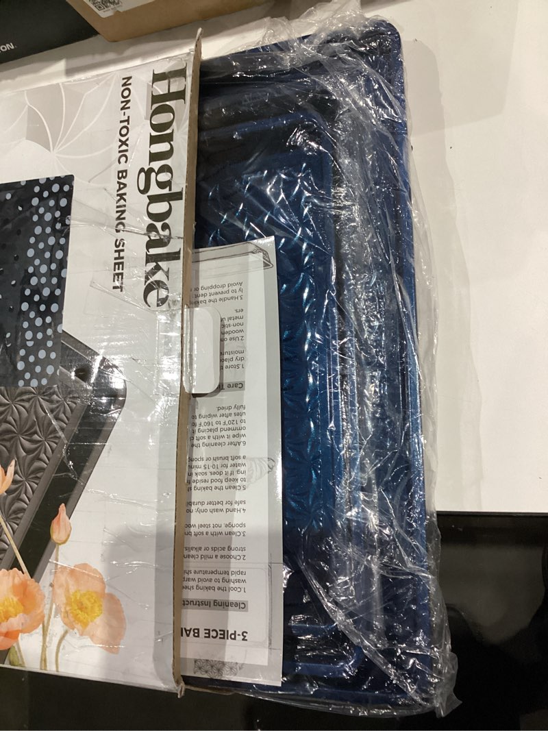 Condition photo showing Good Condition for HONGBAKE Nonstick Baking Sheet Pan Set of 3, Cookie Sheets for Oven, Non-Toxic Half/Quarter/Jelly Roll Pans with Floral Swirl Texture, Heavy Duty 0.8mm Thick Oven Trays for Cooking, Blue Starlight Blue