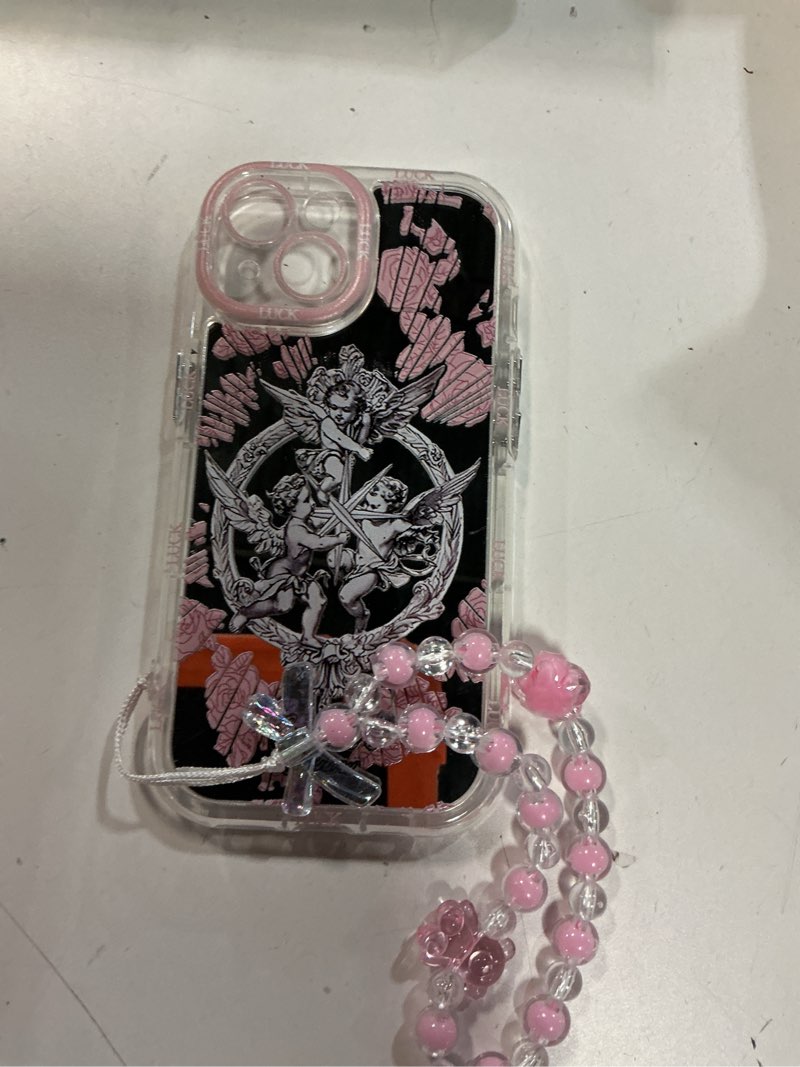 Condition photo showing Good Condition for Compatible with iPhone 15 Case, Angel Cupid Pattern Design,Shiny Mirror Case,2-in-1 with Beaded Wrist Strap,Soft TPU Frame, Shockproof and Anti-Shock, Suitable for Women & Girls iPhone15 Angel Cupid