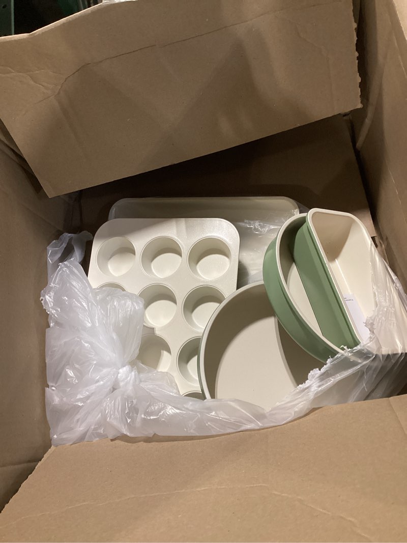 Condition photo showing Good Condition for greenlife 6 piece nonstick bakeware set, non-toxic pfas-free ceramic oven pans, dishwasher & oven safe to 450°f, easy release baking sheet, loaf pan, rectangle & round cake, muffin pan, sage 6 piece bakeware set sage