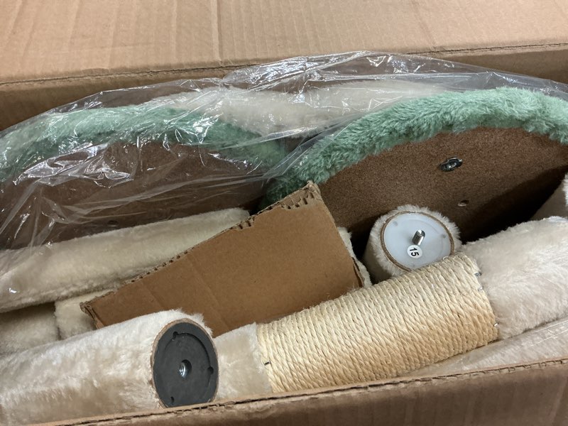 Condition photo showing As Is for yaheetech 65in cat tree, cat tower with heart-shaped platform, hanging ball, double condos, scratching posts for indoor cats, cat climbing frame bed furniture, beige & green & orange