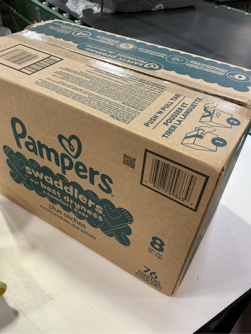 Condition photo showing New/Like New for pampers swaddlers diapers, size 8 (30+ lbs), 76 count, absorbent, keeps baby dry and comfortable, skin safe disposable baby diaper (packaging may vary) size 8 76