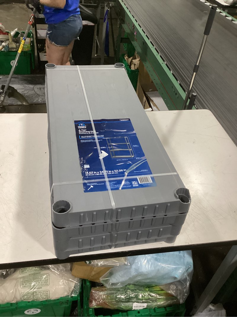 Condition photo showing Good Condition for project source plastic 4-tier utility shelving unit (34.75-in w x 15.06-in d x 52.625-in h), gray, (50-lb capacity per shelf)