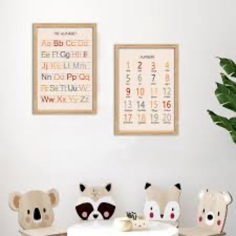 Cute Alphabet Numbers Framed Wall Art Set of 2, Educational ABC Poster Wooden Sign for Baby Girl Kid