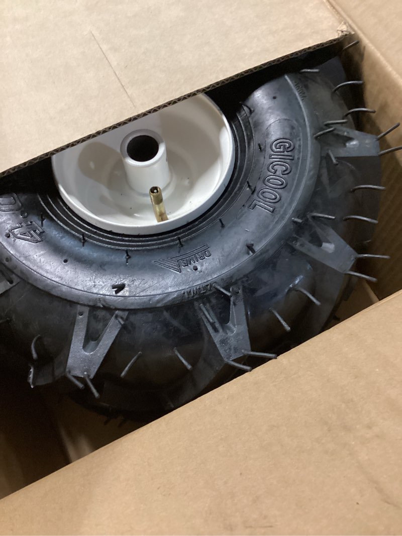 Condition photo showing As Is for 11x4.00-4" tiller tire and wheel, 3/4" axle size, 3-1/8" centered hub, compatible with craftsman & troy-bilt tiller replacement 2 pack-11x4.00-4