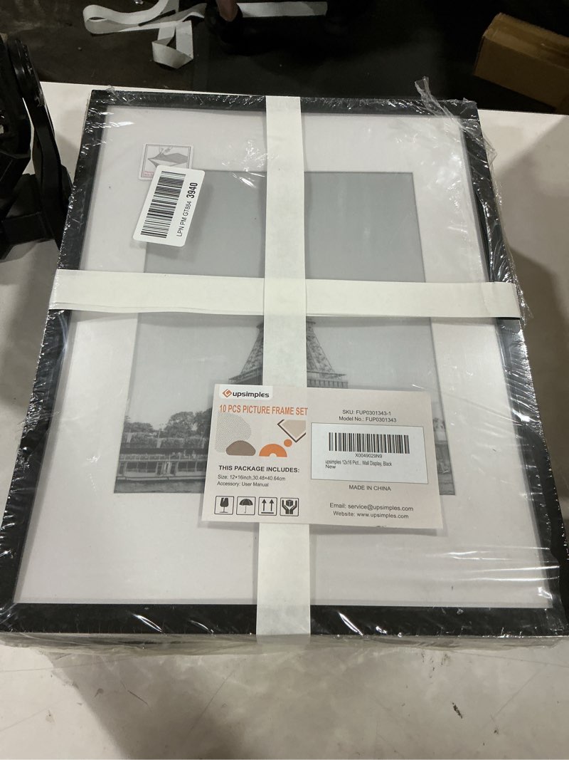 Condition photo showing Good Condition for upsimples 12x16 picture frame set of 10, display pictures 8.5x11 with mat or 12x16 without, multi photo frames collage for wall display, black black 12x16