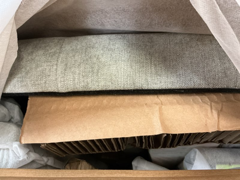 Condition photo showing As Is for mainstays hillside square tufted upholstered full bed, ivory fabric