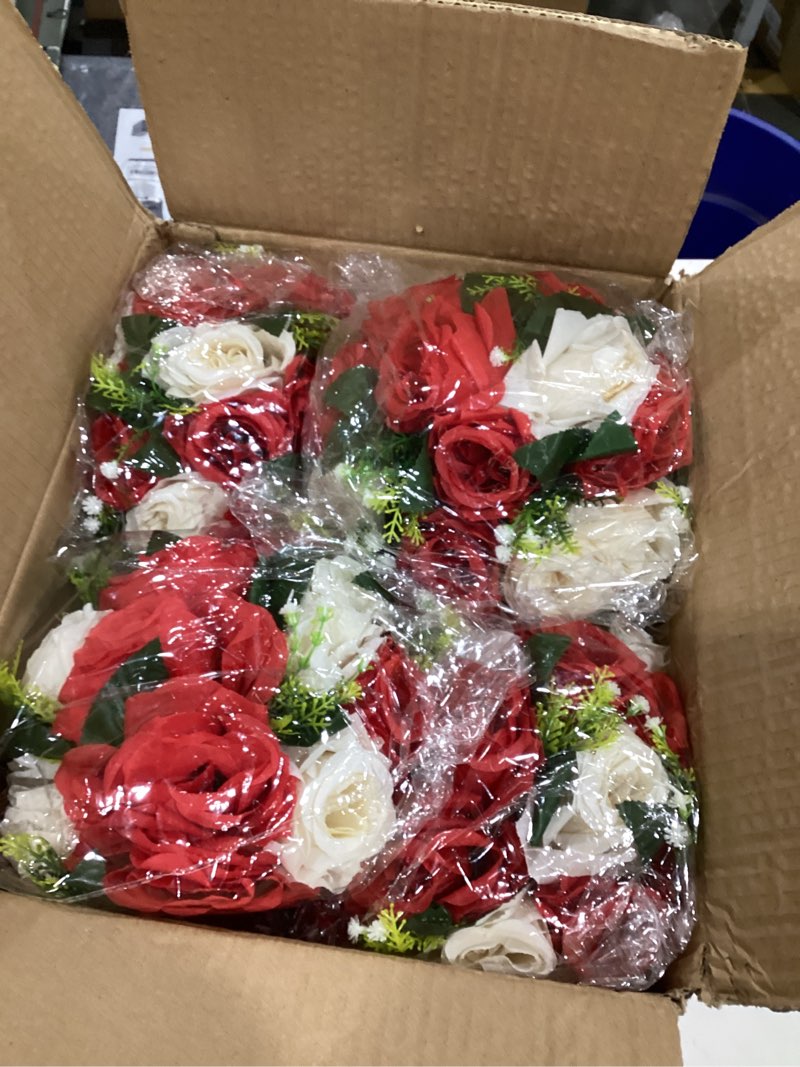 Condition photo showing Good Condition for Hotop 12 Pcs Valentines Artificial Rose Flower Balls for Centerpieces, Silk Roses Kissing Balls Romantic Faux Floral Arrangements for Engagement Wedding Home Decor (Red,White)