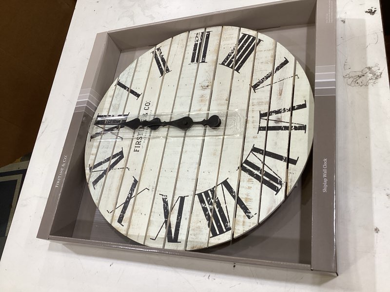Condition photo showing New/Like New for firstime & co. white farmhouse shiplap wall clock, large vintage decor for living room, home office, round, wood, boho, 18 inches 18 inches white