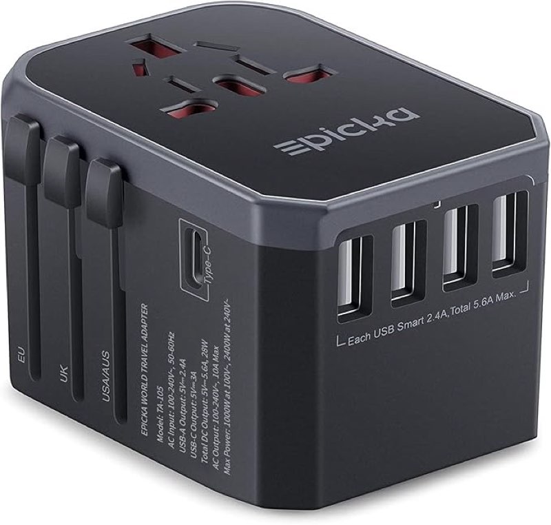 epicka universal travel adapter, european travel plug adapter (not a voltage converter) - international power adapter worldwide charger with usb-c & 4 usb-a ports, travel essentials (ta-105, grey)