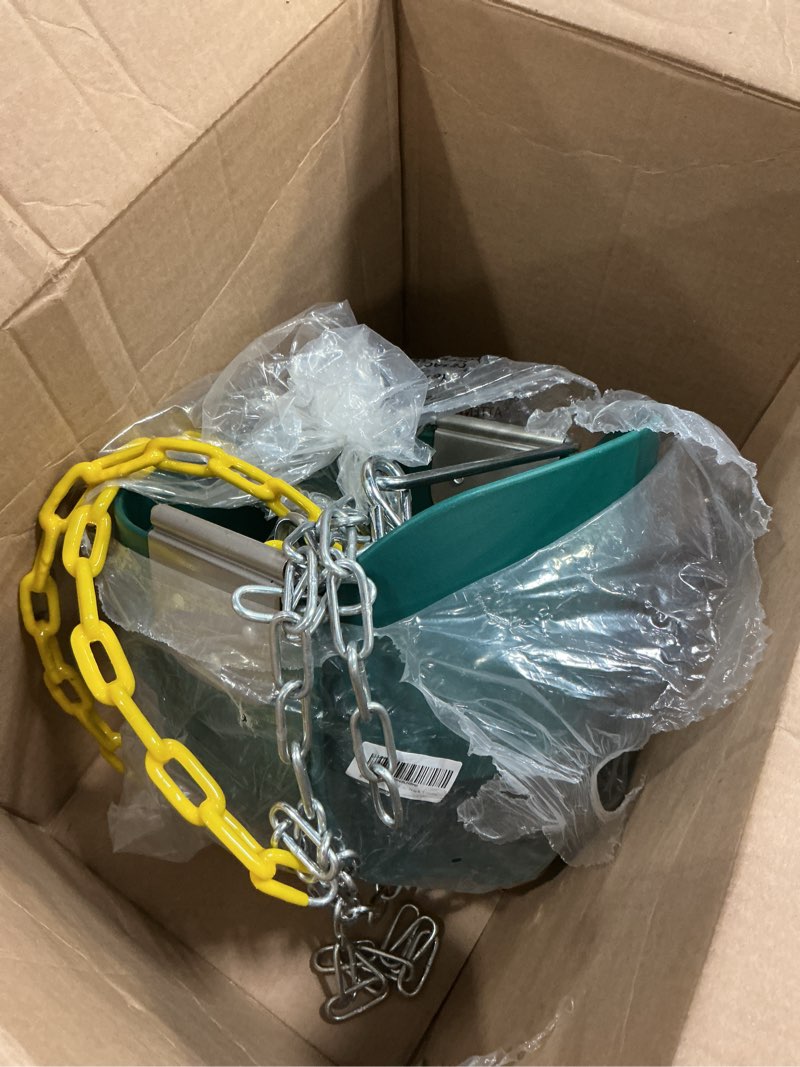 Condition photo showing Good Condition for high back full bucket toddler swing seat with yellow coated chains fully assembled baby swing set accessories green no cushion