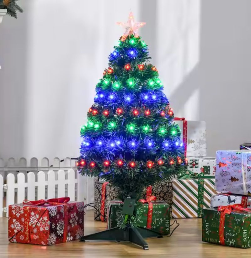 HOMCOM 3 ft. Pre-Lit Douglas Fir Artificial Christmas Tree with 90 Pre-Programmed Lights and Independent Fiber Optic Strands