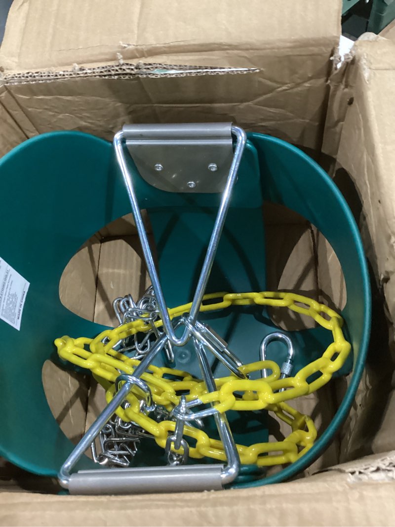 Condition photo showing Good Condition for high back full bucket, toddler swing with coated chains & triangle dip pinch protection for safety, baby swing outdoor with locking buckles, toddler bucket swing for backyard, playground, green