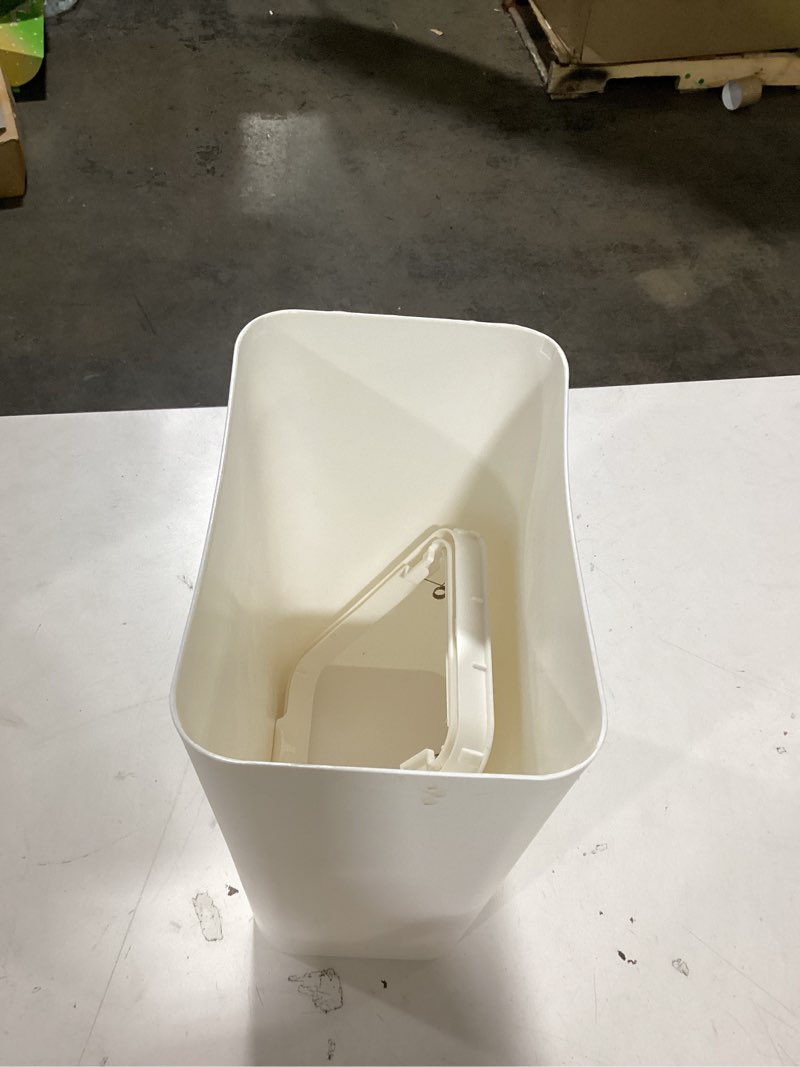 Condition photo showing As Is for UUJOLY Plastic Small Trash Can Wastebasket, Garbage Container Basket for Bathrooms, Laundry Room, Kitchens, Offices, Kids Rooms, Dorms, 3.5 Gallon, White White 3.5 Gallon