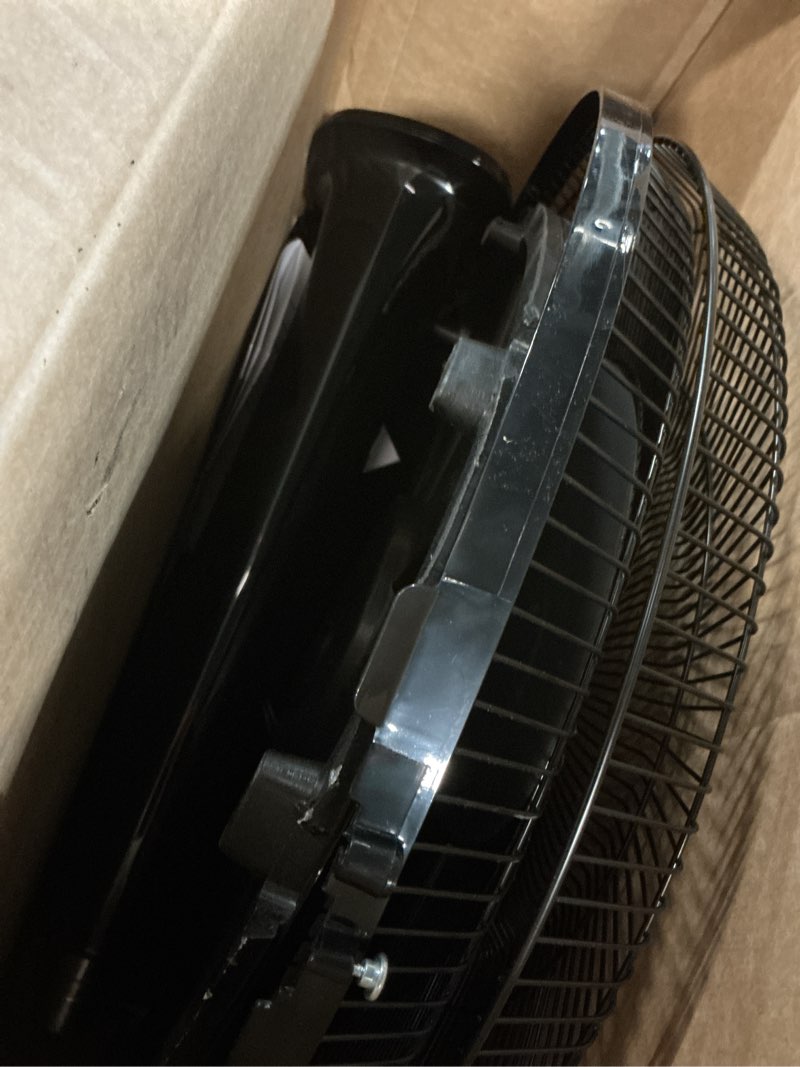 Condition photo showing As Is for amazon basics 16" pedestal fan with remote, floor fan, standing fan for bedroom, living room, office, with 3 speeds, 3 modes, timer, dual-layered blades, adjustable height, tilt head, 60w, black 3-speed, ac motor