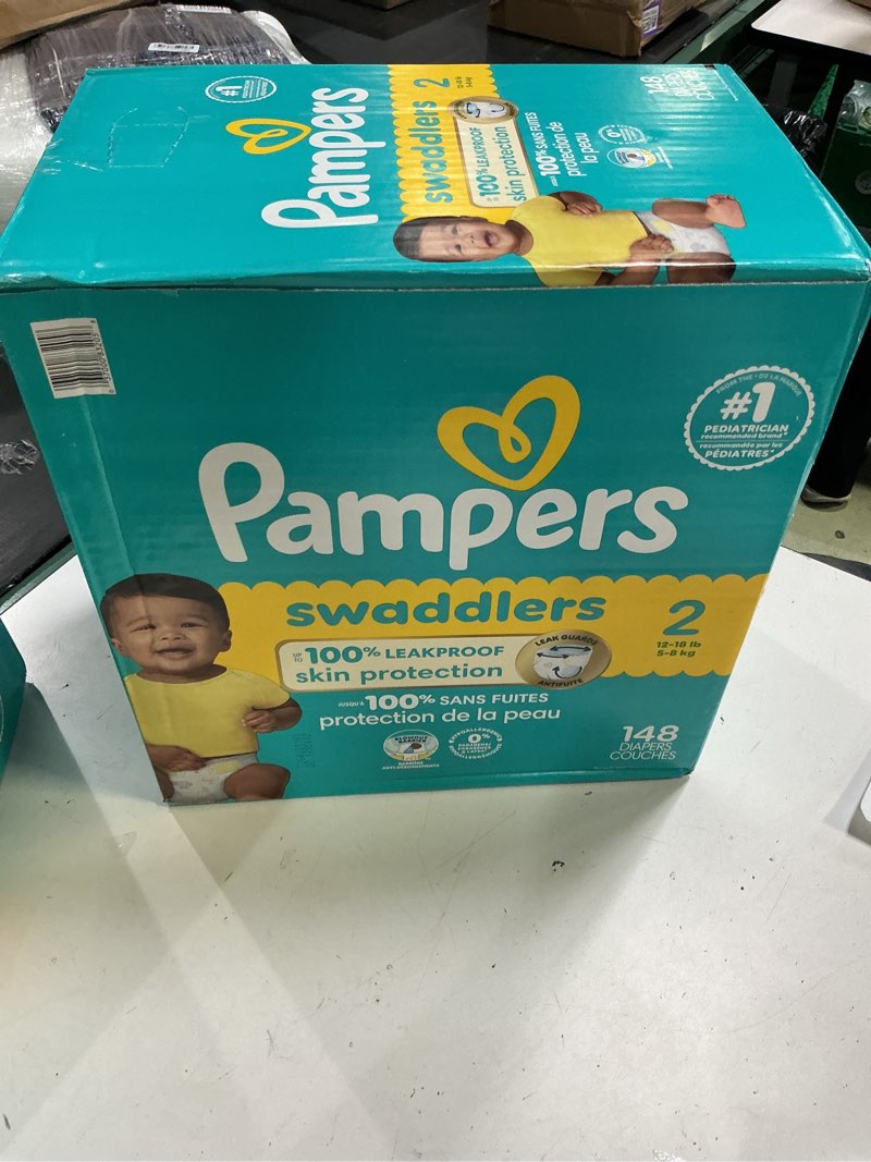 Condition photo showing New/Like New for pampers swaddlers diapers, size 2 (10-22 lbs), 148 count, absorbent, keeps baby dry and comfortable, skin safe disposable baby diaper size 2 148