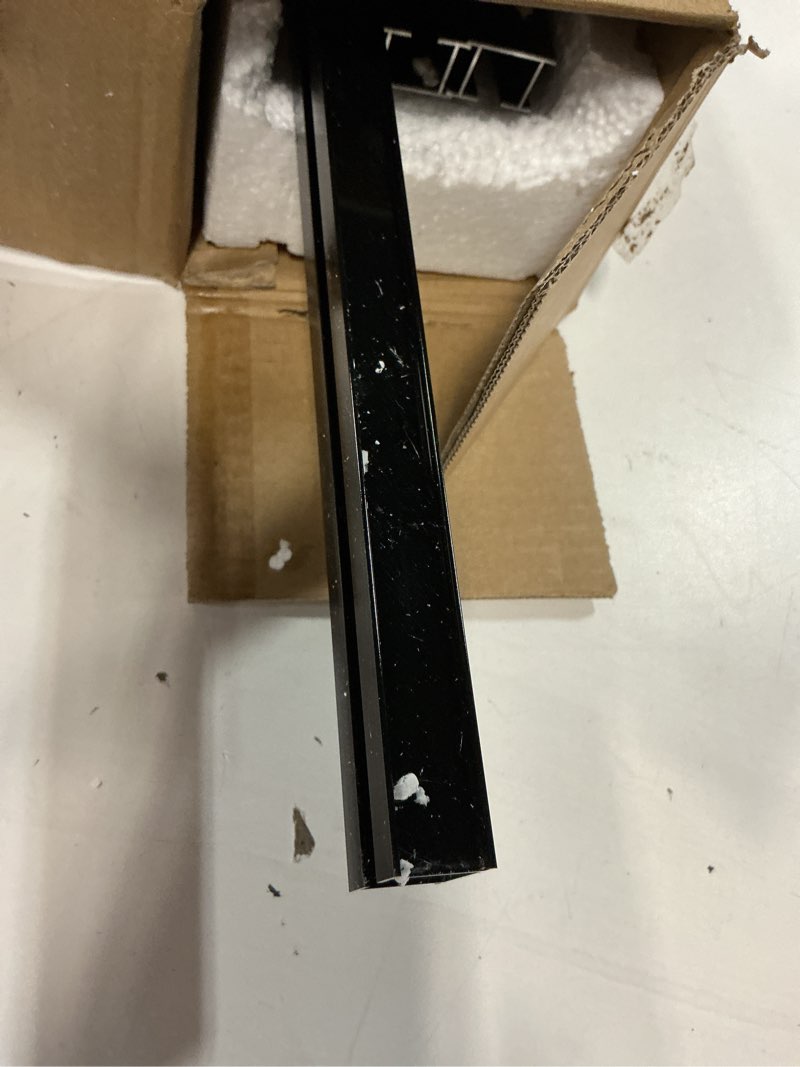 Condition photo showing As Is for curtain track, ceiling curtain track for room divider, ceiling mount rail set with roller hooks, black, 6ft - 9ft black 6ft - 9ft