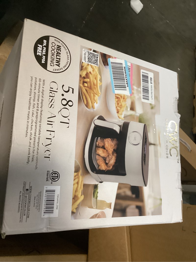 Condition photo showing Good Condition for COOK WITH COLOR 1400W 5.5Qt Digital Kitchen Air Fryer with Glass Basket, 8 Presets Healthy Cooking Options, Bake, Fry, Reheat, 60-Min Timer, Adjustable Temperature Control 175°F–400°F, Linen White