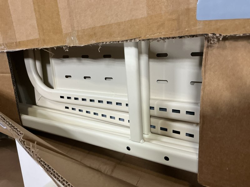 Condition photo showing As Is for dorm microwave storage mini fridge rack, can be placed above the white mini fridge shelf, the height and length are adjustable, suitable for various sizes of refrigerators (white)