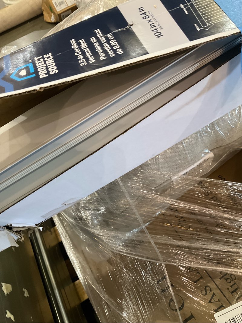 Condition photo showing As Is for 100+ bought last week project source room darkening vertical 3.5-in slat width 104-in x 84-in cordless white vinyl vertical blinds