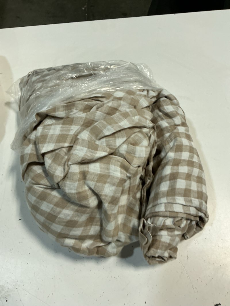 Condition photo showing As Is for quince european linen gingham fitted sheet set, queen, cafe