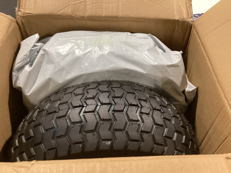 Condition photo showing Good Condition for 2-pack 16x6.50-8 tubeless tires and wheels, 3/4-inch bearingswith extra 1-inch bushings, 3"-5" offset hub, 550 lbs load capacity, fits 3/4" and 1" axles for riding mowers, lawn tractors, and more. 2pc 16x6.5-8 tubless