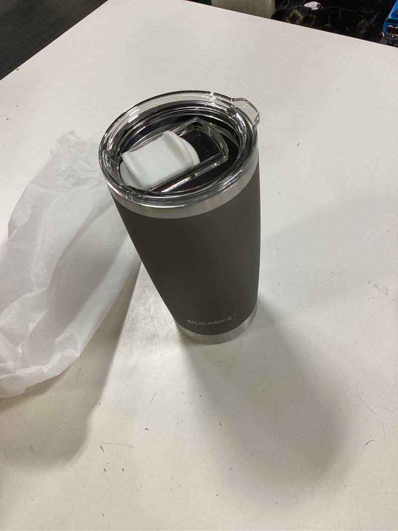 Condition photo showing New/Like New for coffee tumbler 20 oz, double wall stainless steel travel coffee mug with removable slider lid, bpa free, car cup holder compatible - gym/office/travel/home - metal gray hygienic slider soft metal grey