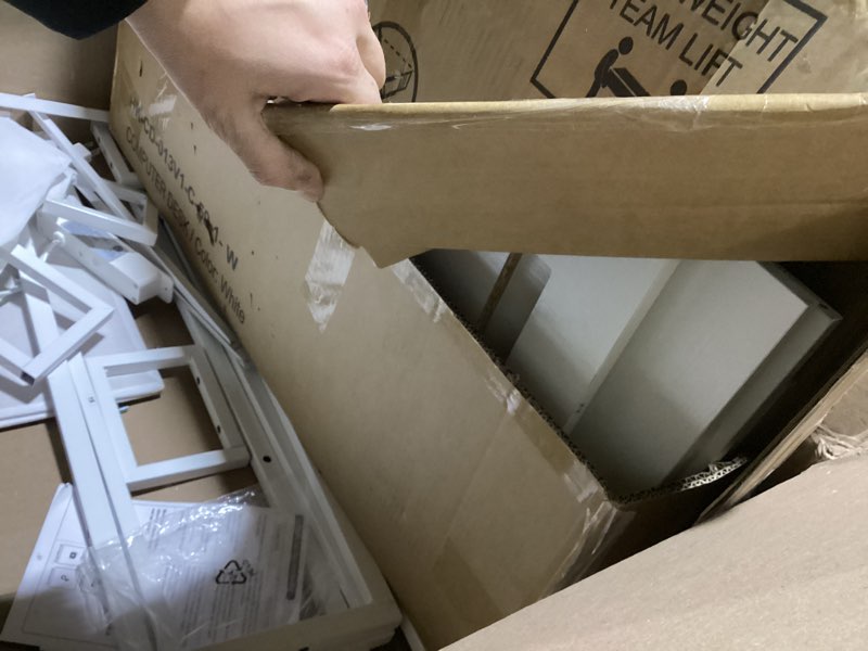 Condition photo showing As Is for Furologee White 59” L Shaped Desk with Power Outlet, Reversible Computer Desk with File Drawer & 2 Monitor Stands, Corner Home Office Table with Storage Shelves for Gaming Writing White 59 inch