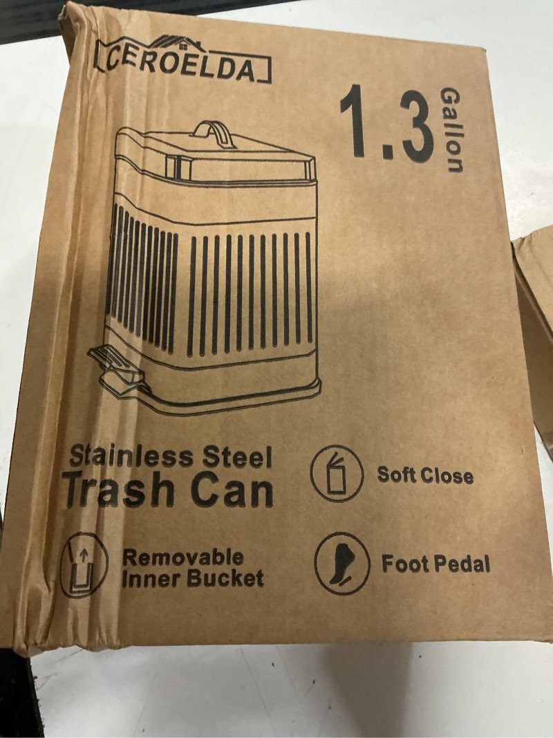 Condition photo showing New/Like New for ceroelda small trash can with lid-5l/1.3 gal, stainless steel outdoor dog poop garbage can-farmhouse retro metal waste bin w/step pedal for bathroom bedroom office-soft close-white white 1.3 gallons
