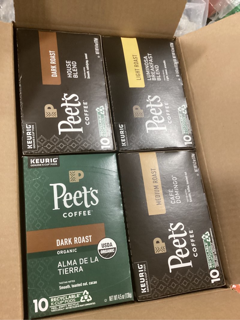 Condition photo showing New/Like New for Peet's Coffee, Dark, Medium, and Light Roast K-Cup Pods for (BBD:28/10/2025) Keurig Brewers - Variety Pack, Luminosa Breakfast Blend, Café Domingo, Organic Alma De La Tierra, House Blend, 40 Count (4 Boxes of 10 K-Cup Pods) Variety Pack 10 Count (Pack of 4)