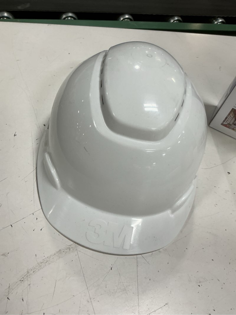 Condition photo showing As Is for 3m hard hat securefit h-712sfr-uv, white, non-vented cap style safety helmet with uvicator sensor, 4-point pressure diffusion ratchet suspension, ansi z87.1