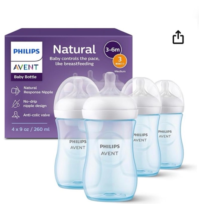 philips avent natural baby bottles with natural response nipples (medium flow, flow 3), 9oz, blue, 4-pack, scy903/24
