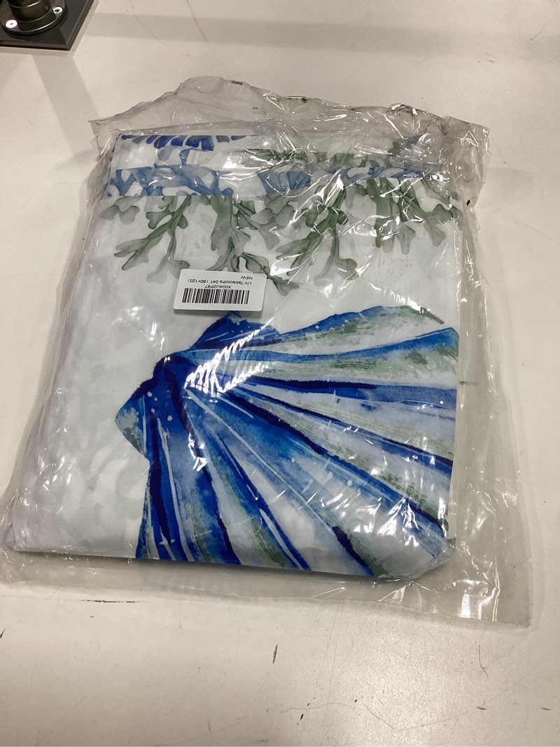 Condition photo showing New/Like New for Blue Beach Rectangle Tablecloth 60 x 120 Inches, Coastal Sea Conch Coral Seahorse Starfish Decorative Dining Table Cloth, Spring Summer Seasonal Ocean Dinner Table Cover Picnic Party Decoration 120" x 60" (Rectangular) Coastal