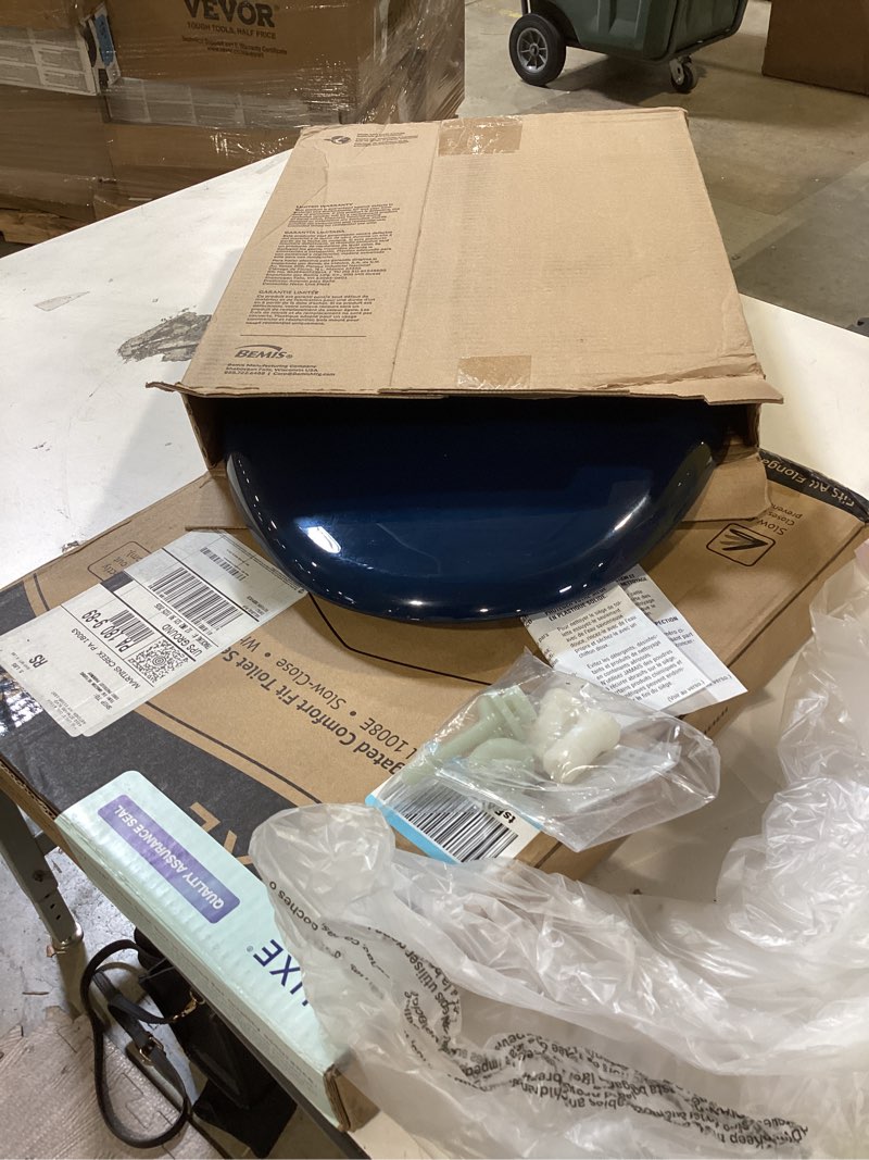 Condition photo showing As Is for bemis classic colors slow close toilet seat, easy clean hinges and durable plastic seat, made in usa, elongated, navy elongated navy