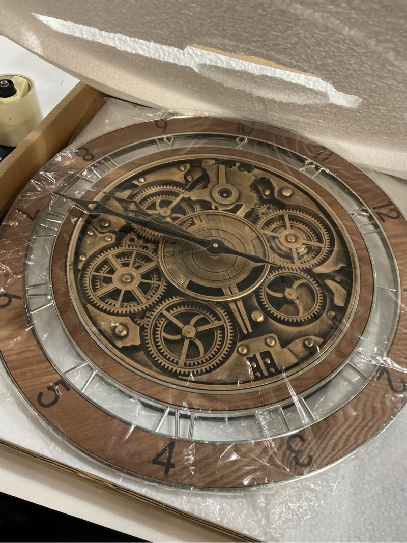 Condition photo showing Good Condition for Lafocuse Real Moving Gears Wall Clock Brown Vintage, 21 Inch Steampunk Gear Clocks with Arabic and Roman Numerals, Wooden Farmhouse Industrial Large Wall Clock for Living Room Decor Kitchen Home