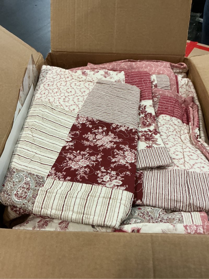 Condition photo showing As Is for Laura Ashley - King Quilt Set, Reversible Cotton Bedding with Matching Shams, Patchwork Inspired Home Decor (Celina Patchwork Red, King) King Celina Patchwork Red