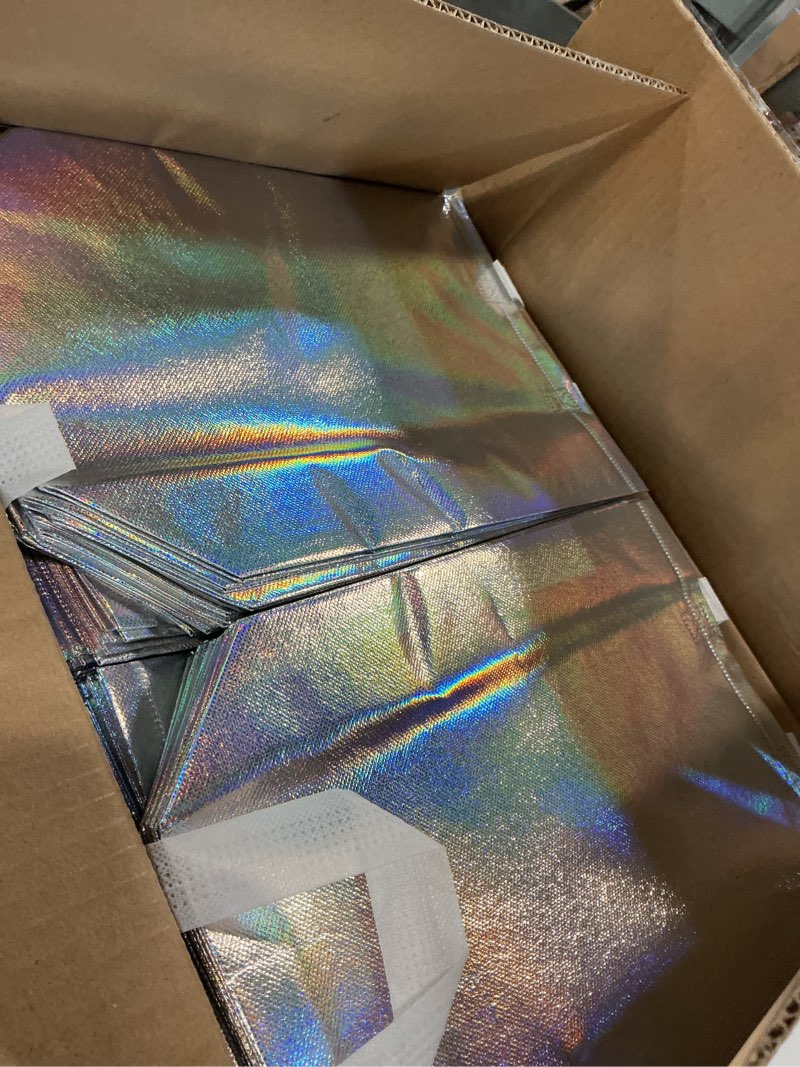 Condition photo showing Good Condition for 100 pcs iridescent glossy gift bags medium size, 8x4x10 in holographic reusable gift bags with handles & sturdy base, ideal for birthday, wedding, bachelorette, party favors, holiday goodie bag iridescent-medium-100 pcs 1 count (pack of 100)