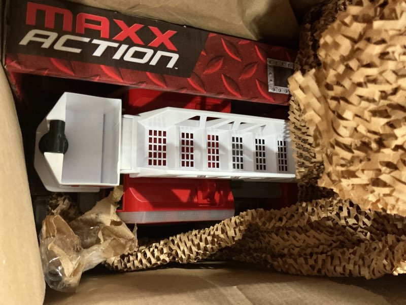 Condition photo showing As Is for maxx action 2-n-1 firetruck with joystick controls, lights, siren sounds, motorized movement, and 360° spinning ladder - 16-inch rescue toy vehicle for kids