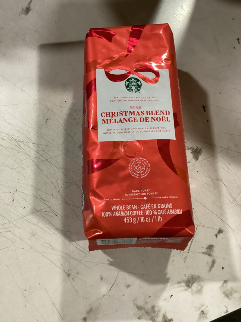 Condition photo showing New/Like New for starbucks christmas blend whole bean coffee 16oz, dark roast 100% arabica, rich spiced chocolate & spruce notes, limited holiday edition, bold, festive flavor from sumatra & latin america