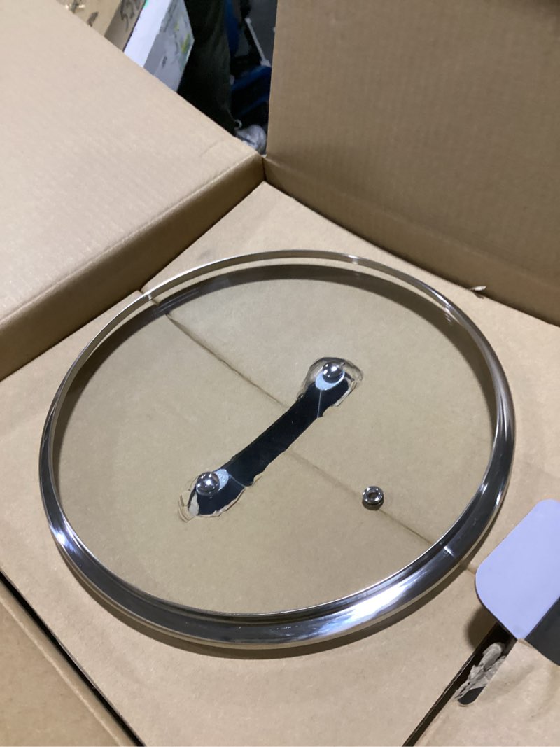 Condition photo showing As Is for guy fieri's flavortown 8-quart stainless steel stock pot with tempered glass lid - kitchen cookware with tri-ply base, oven & dishwasher safe, compatible with induction, gas & electric stovetops 8 quart