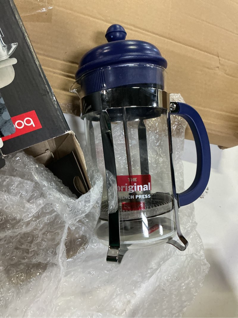 Condition photo showing As Is for bodum 34oz caffettiera french press coffee maker with reusable stainless steel filter, bpa-free plastic carafe, midnight blue