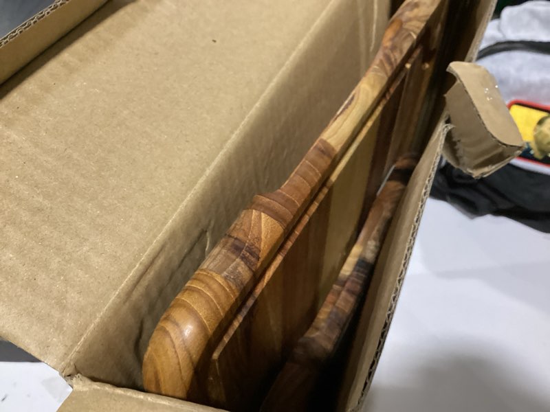 Condition photo showing New/Like New for 3 Pack Teak Wood Cutting Board Set for Kitchen Charcuterie Board Serving Heavy Duty Non Toxic Slip Over Sink Solid Thick Haus Wooden Chopping Board Large Big Small Meat Best Kitchen Essential Gift Multi-Size Set | 3 Pack with Holder