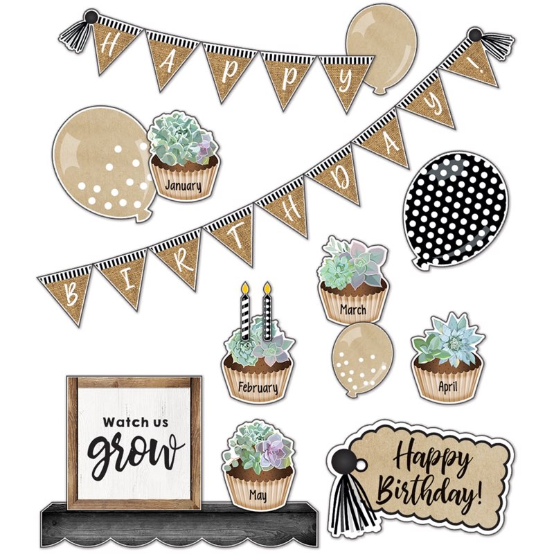 schoolgirl style birthday bulletin board set, simply stylish classroom decorations, 79 pieces (pack of 6)